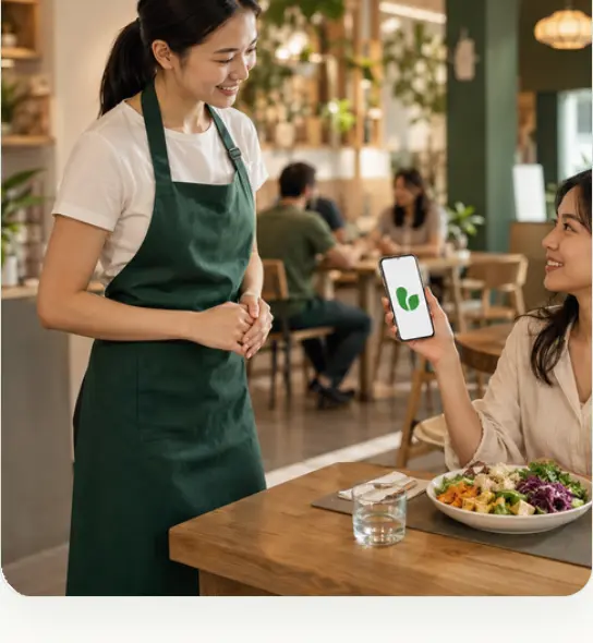店員在餐桌旁協助玩家確認已完成的蔬食任務