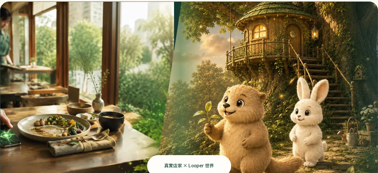 真實店家的蔬食餐桌連結到土撥鼠、兔兔與樹屋所在的 Looper 森林