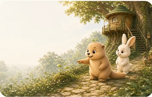 土撥鼠指向森林裡的新芽，兔兔在一旁陪伴