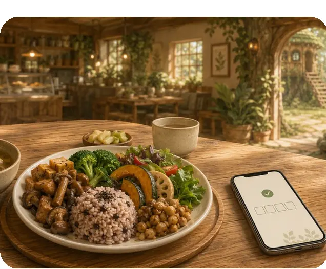 樹屋餐桌上的完整蔬食餐點與任務完成手機畫面